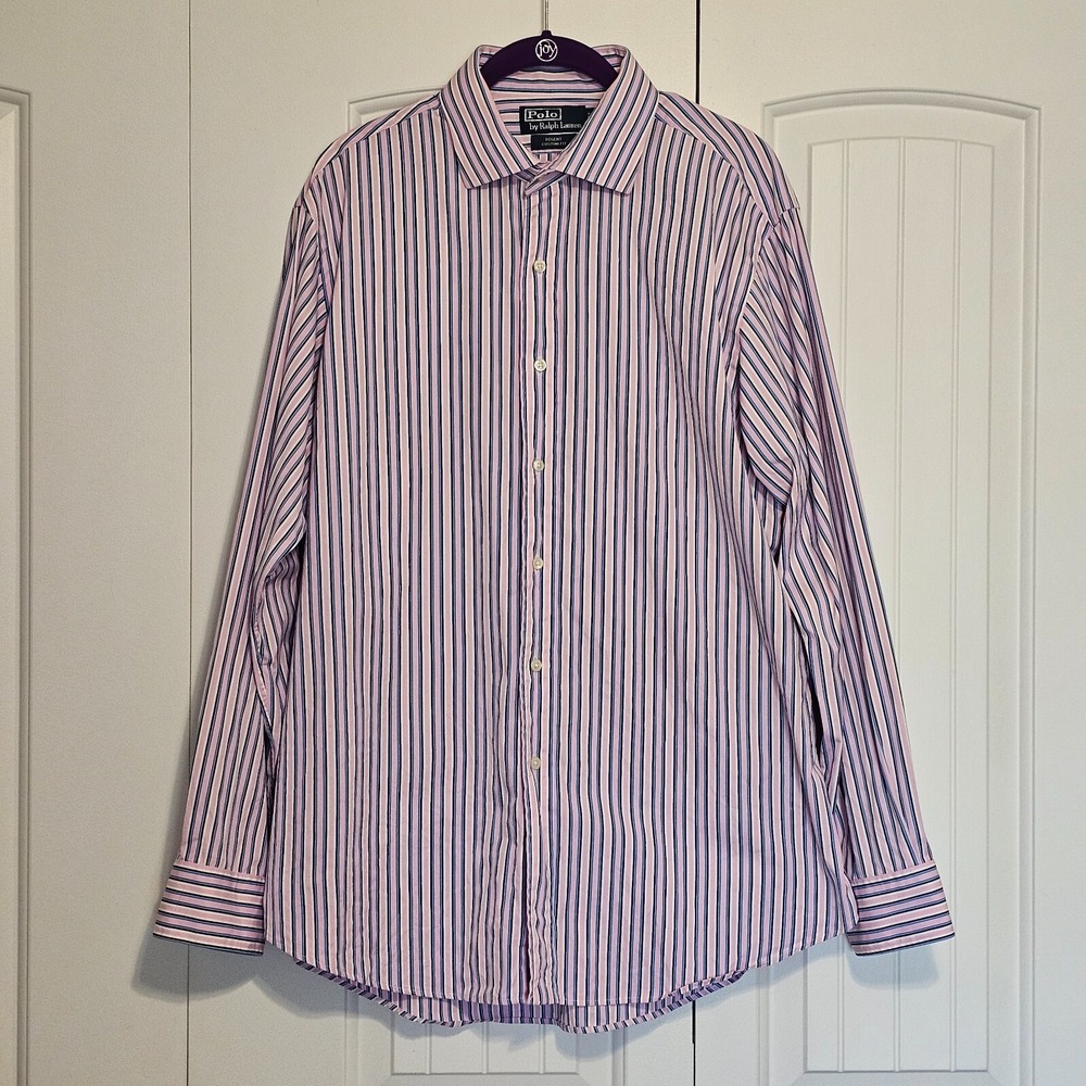 Polo Ralph Lauren Button Down Mens 17 34/35 Pink Blue Striped Regent Custom Fit